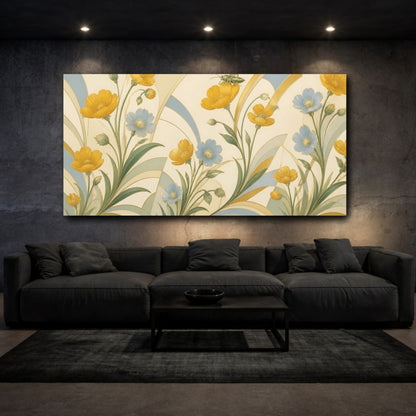 Mockup 3. Botanical Buttercups And Grasshopper shown as canvas print