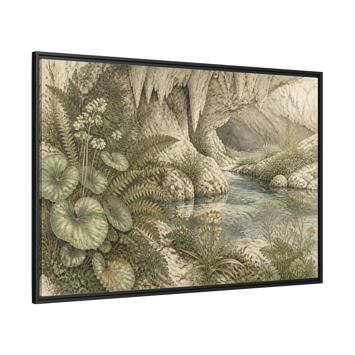 Side Mockup 12. Botanical Cave Spring shown as framed canvas print
