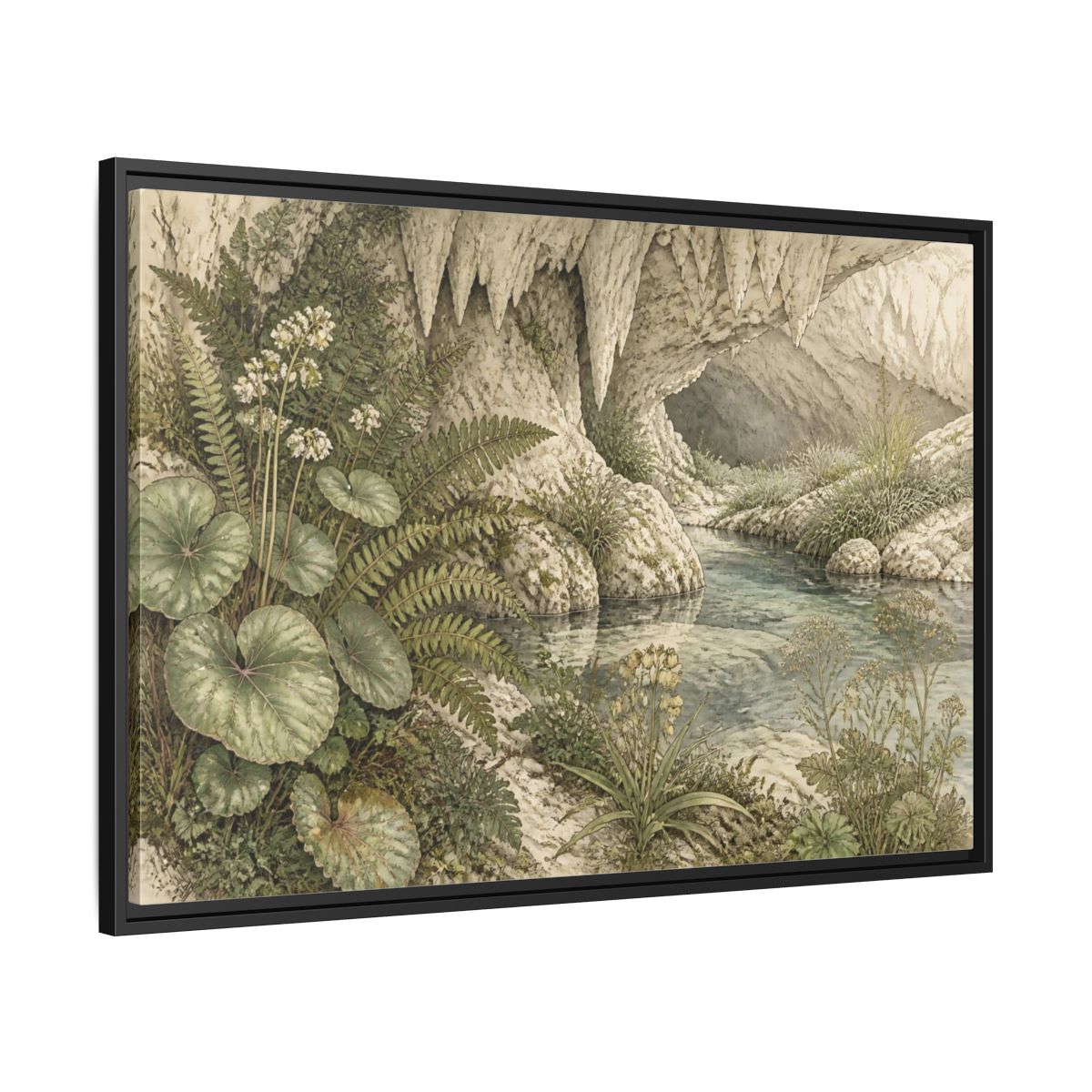 Side Mockup 13. Botanical Cave Spring shown as framed canvas print