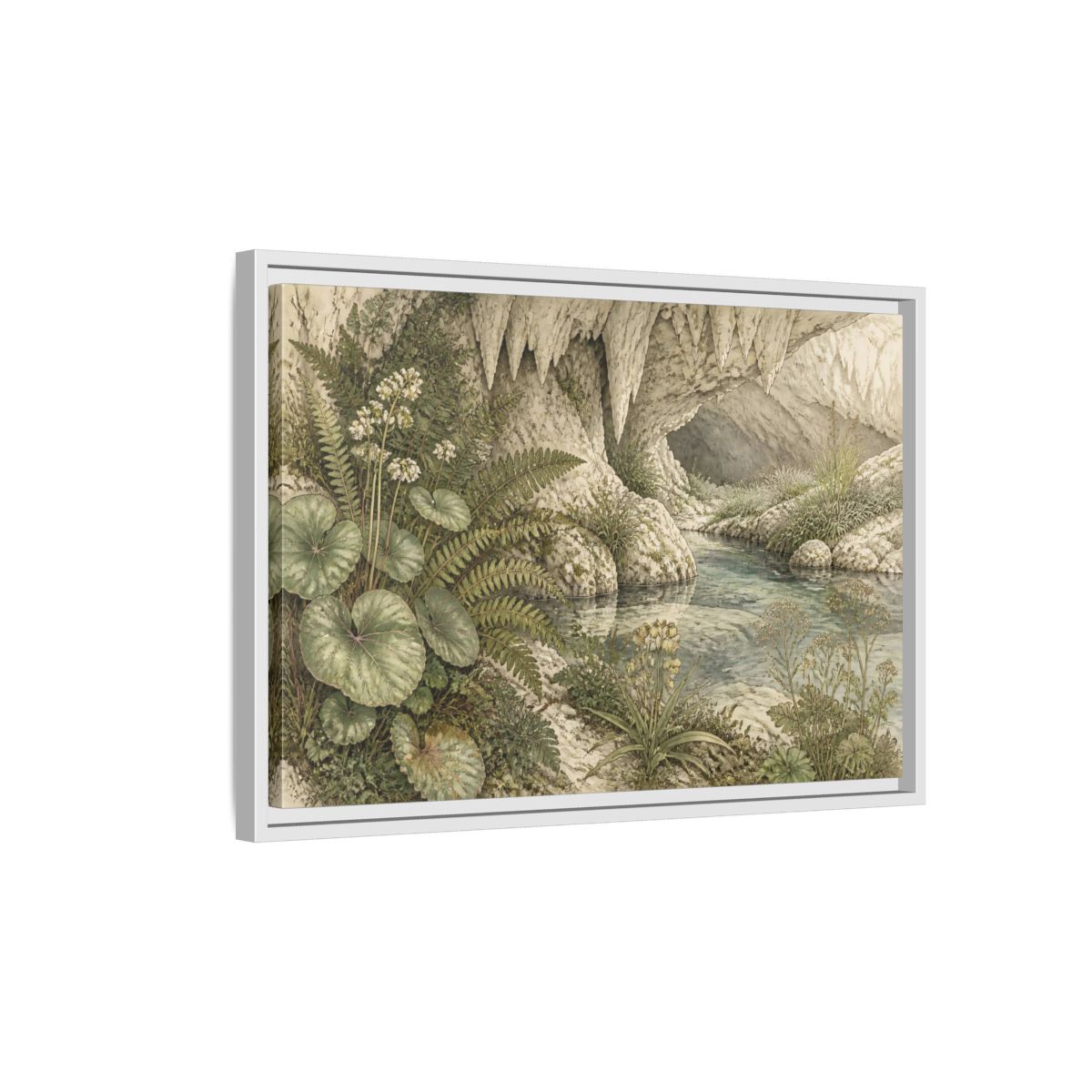 Side Mockup 1. Botanical Cave Spring shown as framed canvas print