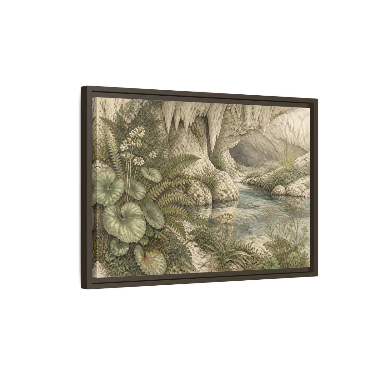 Side Mockup 2. Botanical Cave Spring shown as framed canvas print
