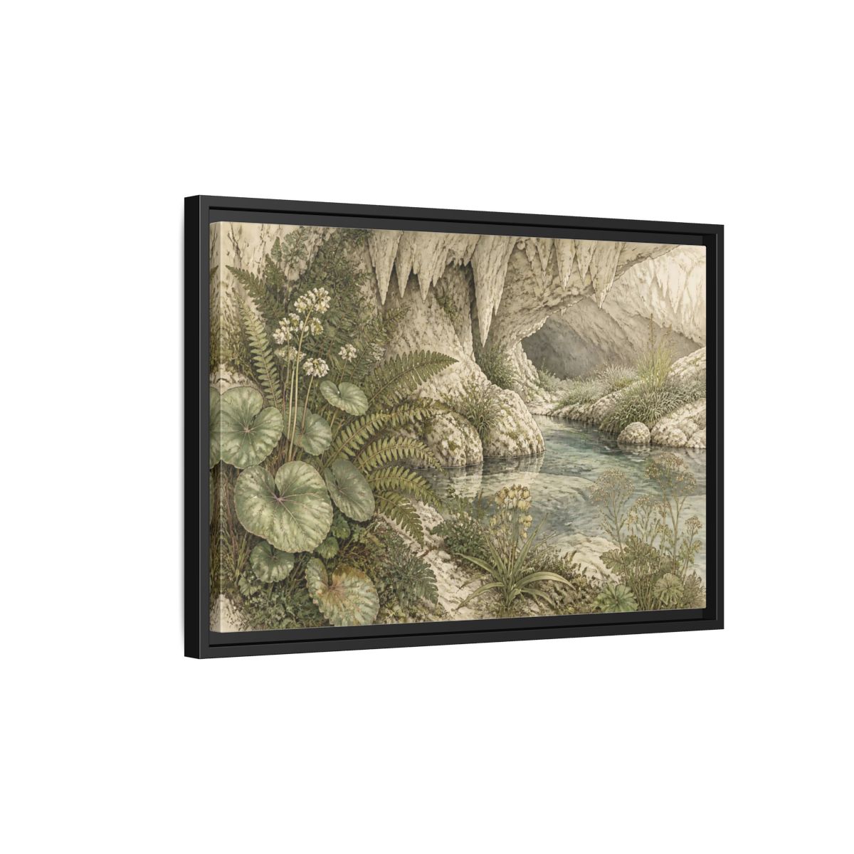 Side Mockup 3. Botanical Cave Spring shown as framed canvas print