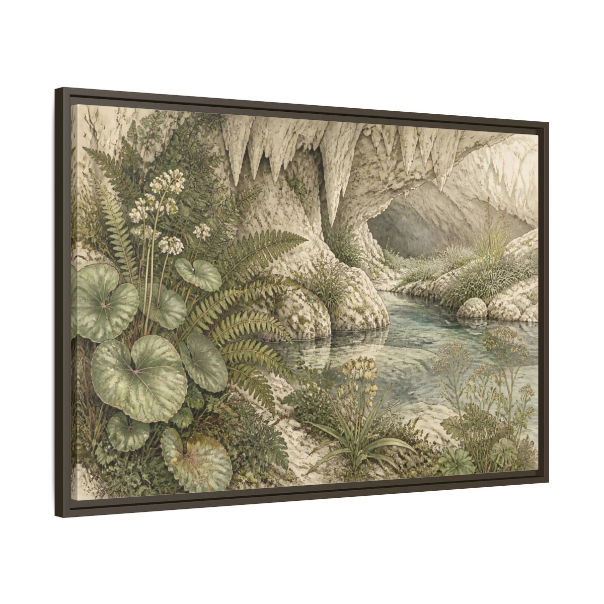 Main Mockup. Botanical Cave Spring shown as framed canvas print