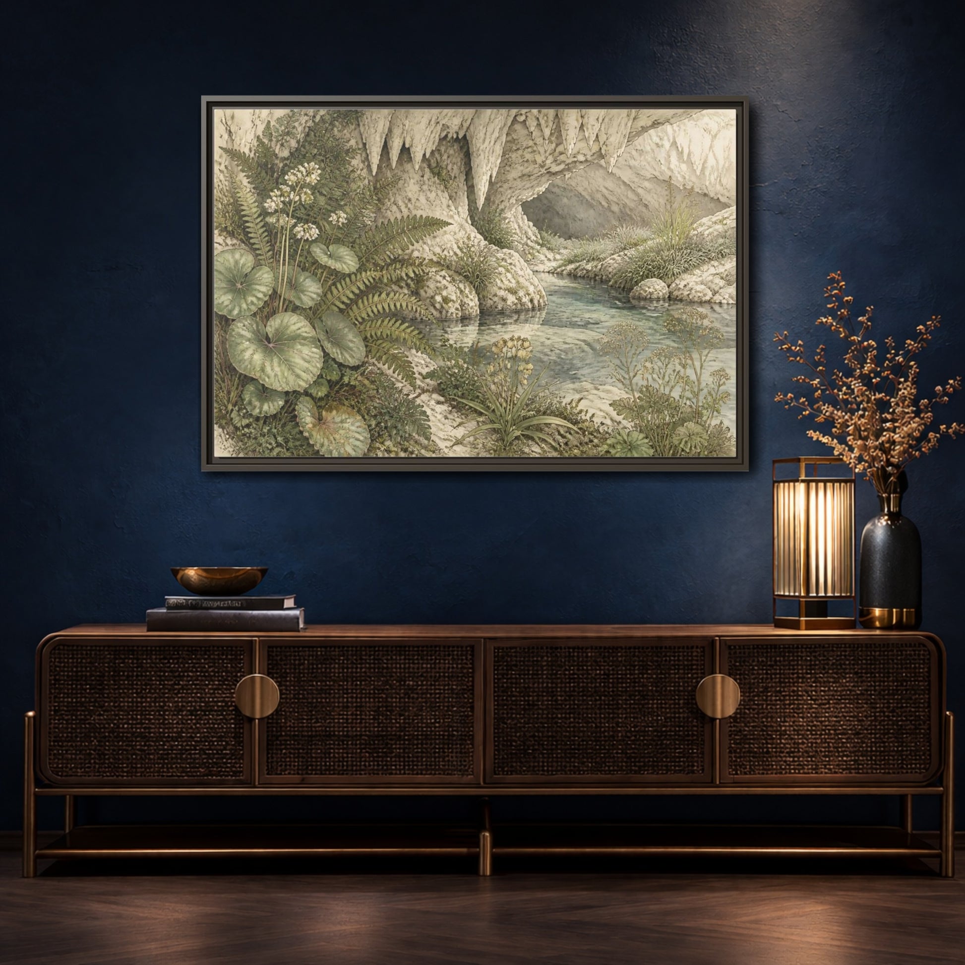 Mockup 4. Botanical Cave Spring shown as framed canvas print