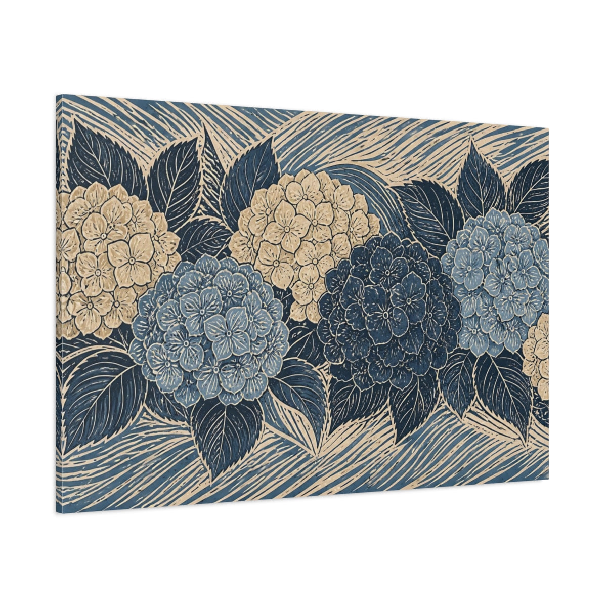 Side Mockup 1. Botanical Hydrangea Blooms shown as canvas print