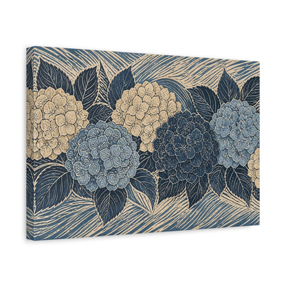 Side Mockup 4. Botanical Hydrangea Blooms shown as canvas print