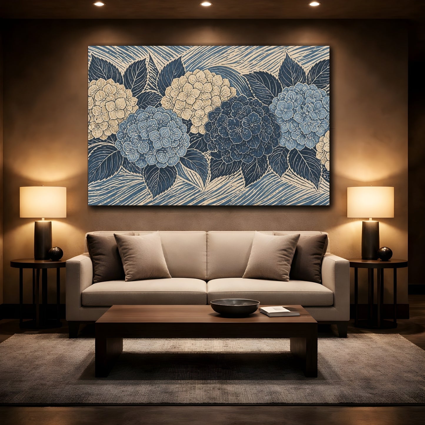 Mockup 2. Botanical Hydrangea Blooms shown as canvas print