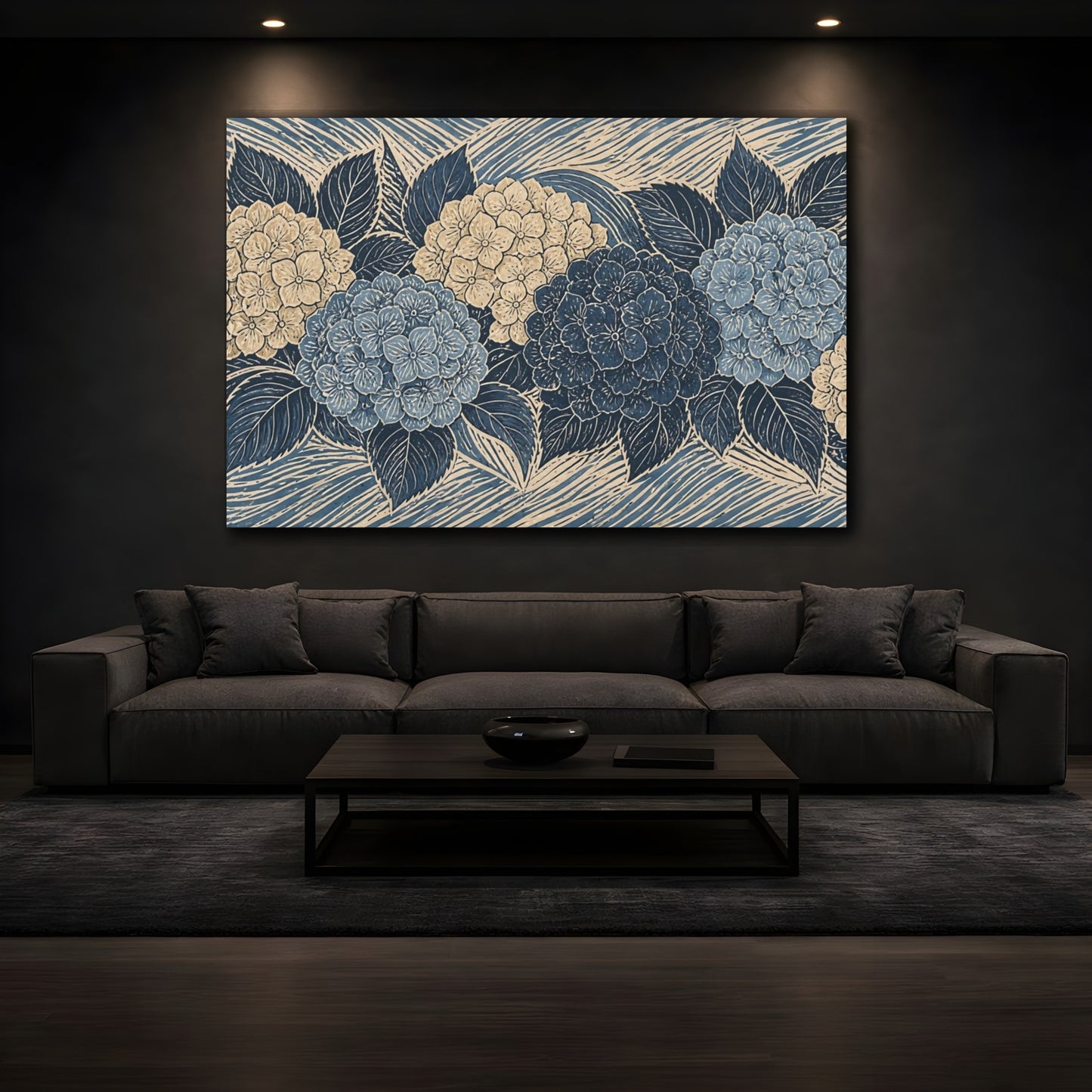 Mockup 3. Botanical Hydrangea Blooms shown as canvas print