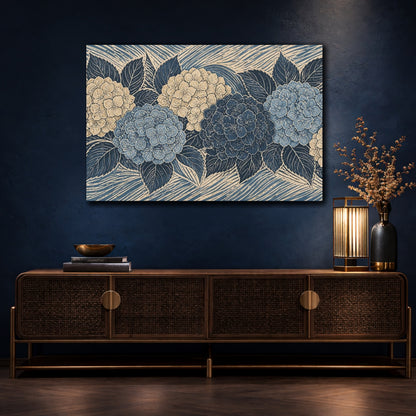 Mockup 4. Botanical Hydrangea Blooms shown as canvas print