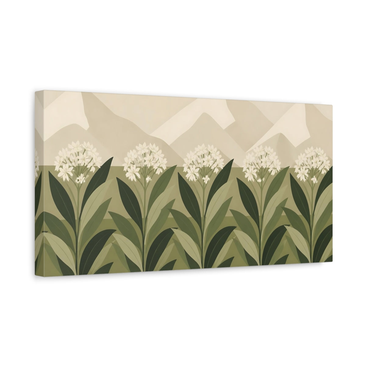Side Mockup 3. Botanical Ivory Flower Row shown as canvas print