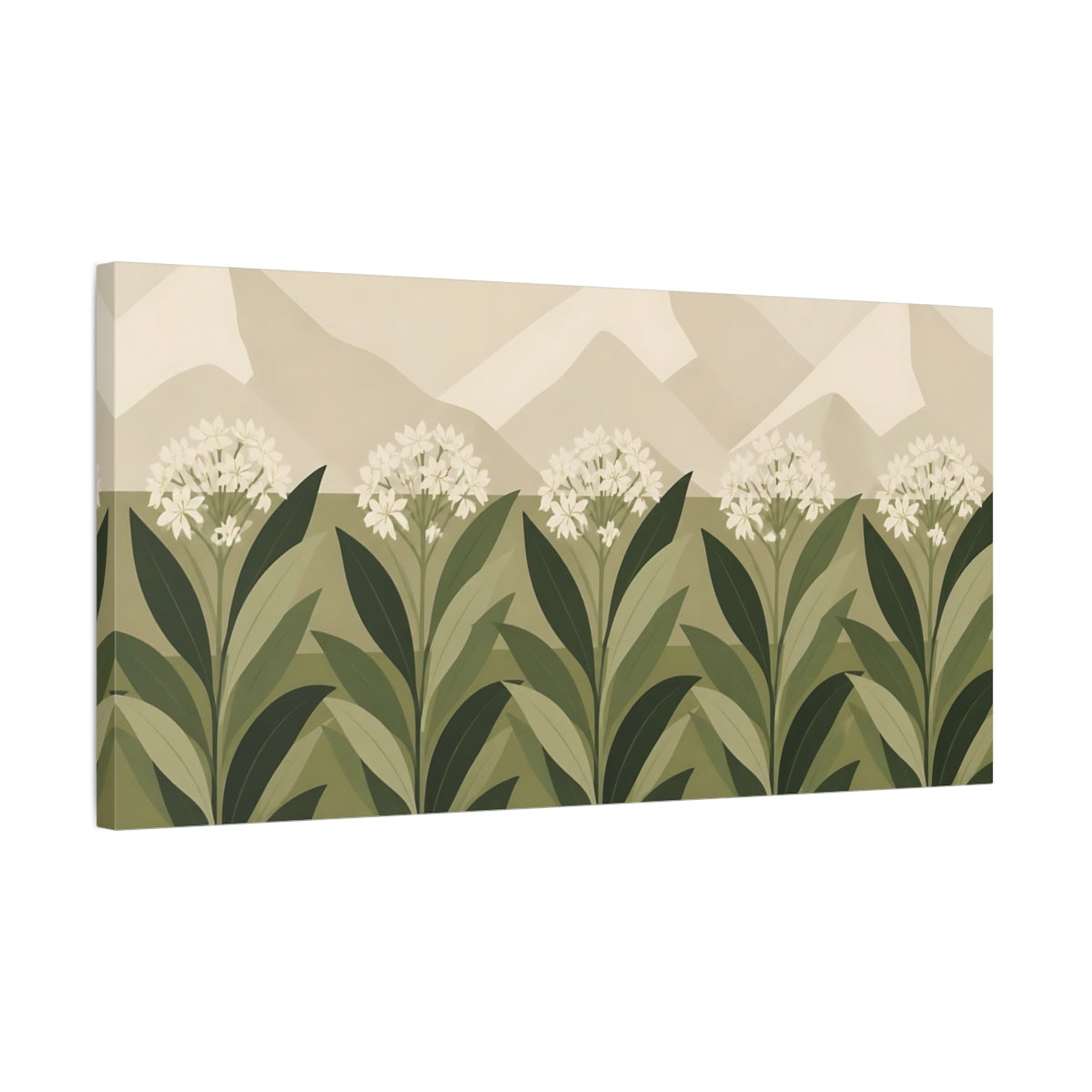Side Mockup 1. Botanical Ivory Flower Row shown as canvas print