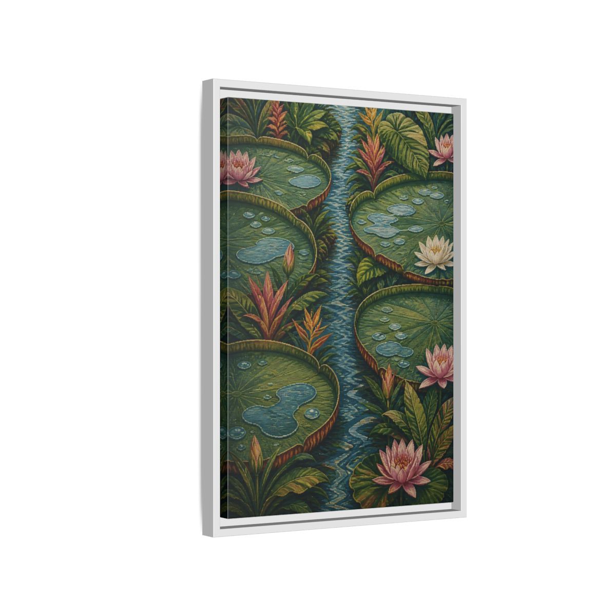 Side Mockup 1. Botanical Lily Pad Oasis shown as framed canvas print
