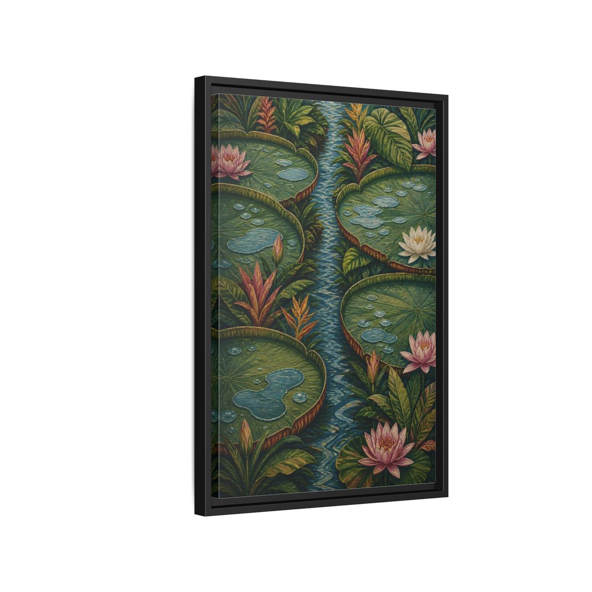 Side Mockup 3. Botanical Lily Pad Oasis shown as framed canvas print