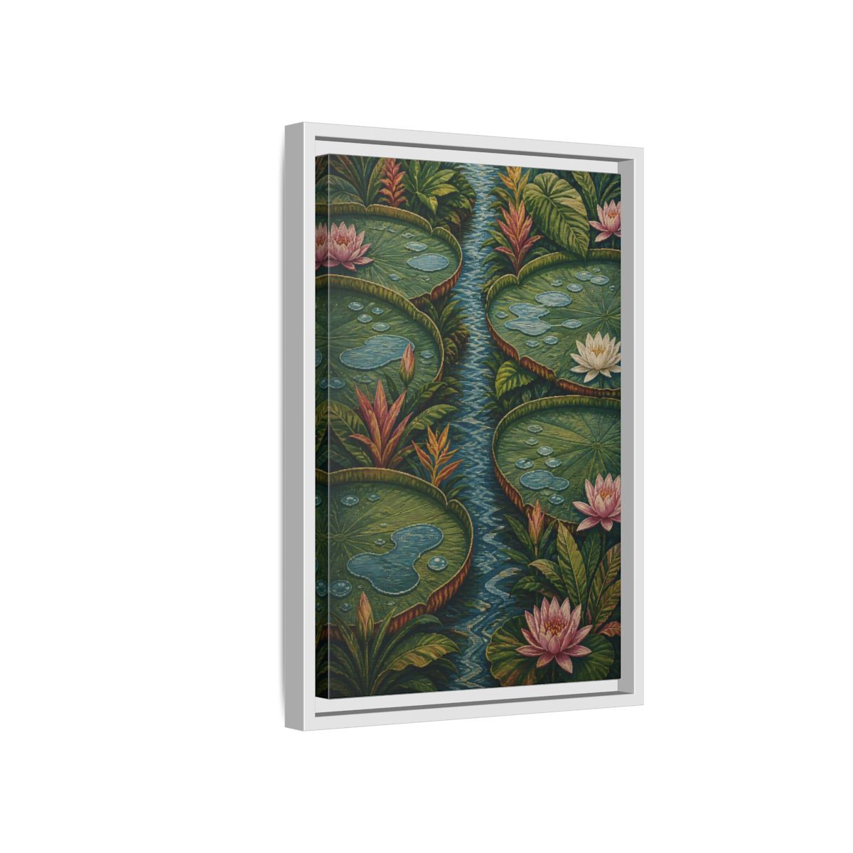 Side Mockup 4. Botanical Lily Pad Oasis shown as framed canvas print