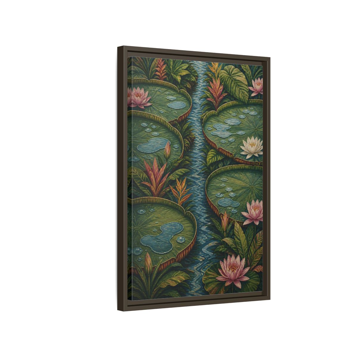 Side Mockup 2. Botanical Lily Pad Oasis shown as framed canvas print