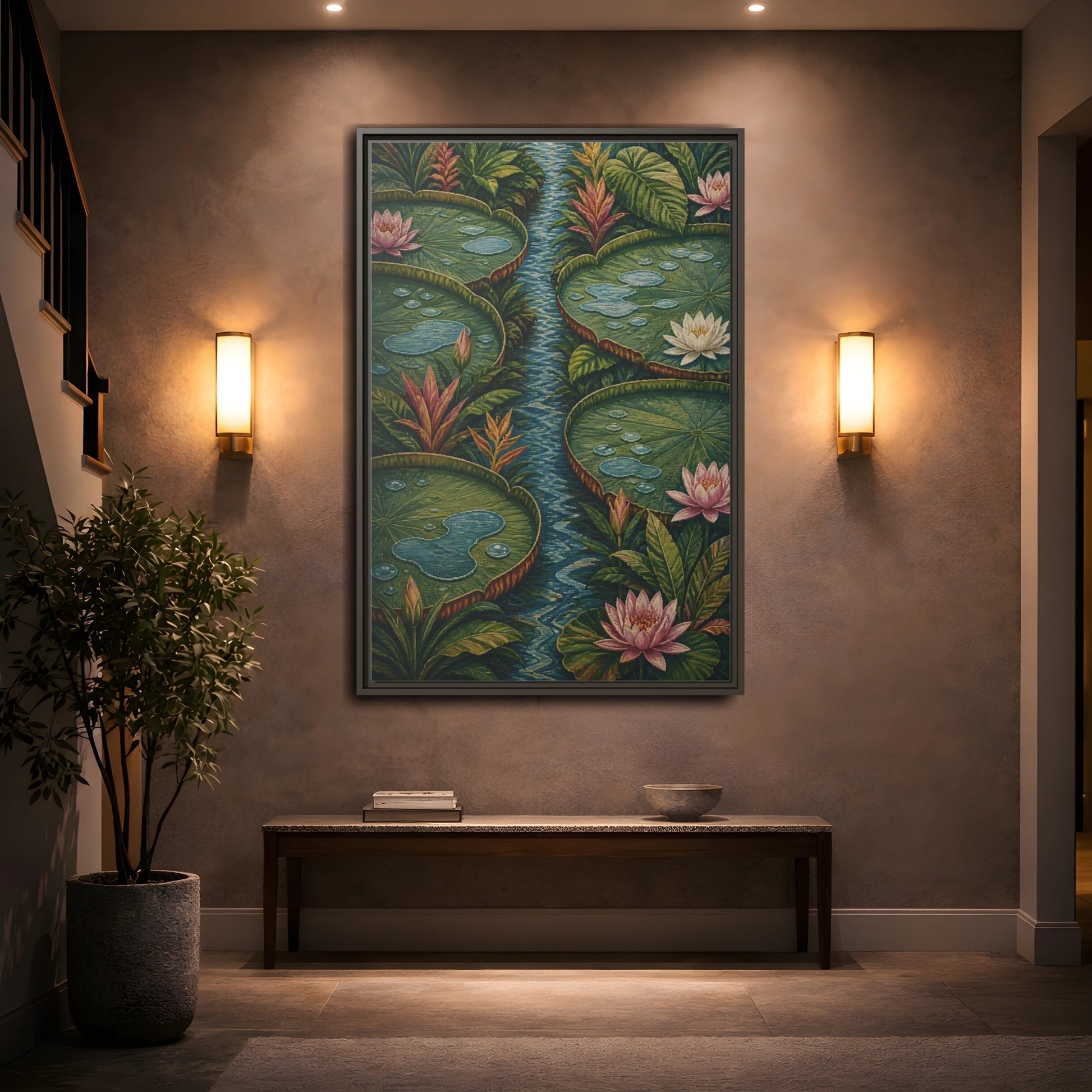 Mockup 2. Botanical Lily Pad Oasis shown as framed canvas print