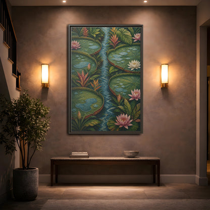 Mockup 2. Botanical Lily Pad Oasis shown as framed canvas print