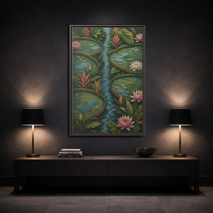 Mockup 3. Botanical Lily Pad Oasis shown as framed canvas print