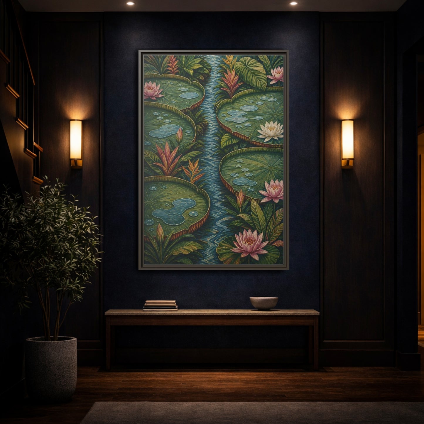 Mockup 4. Botanical Lily Pad Oasis shown as framed canvas print
