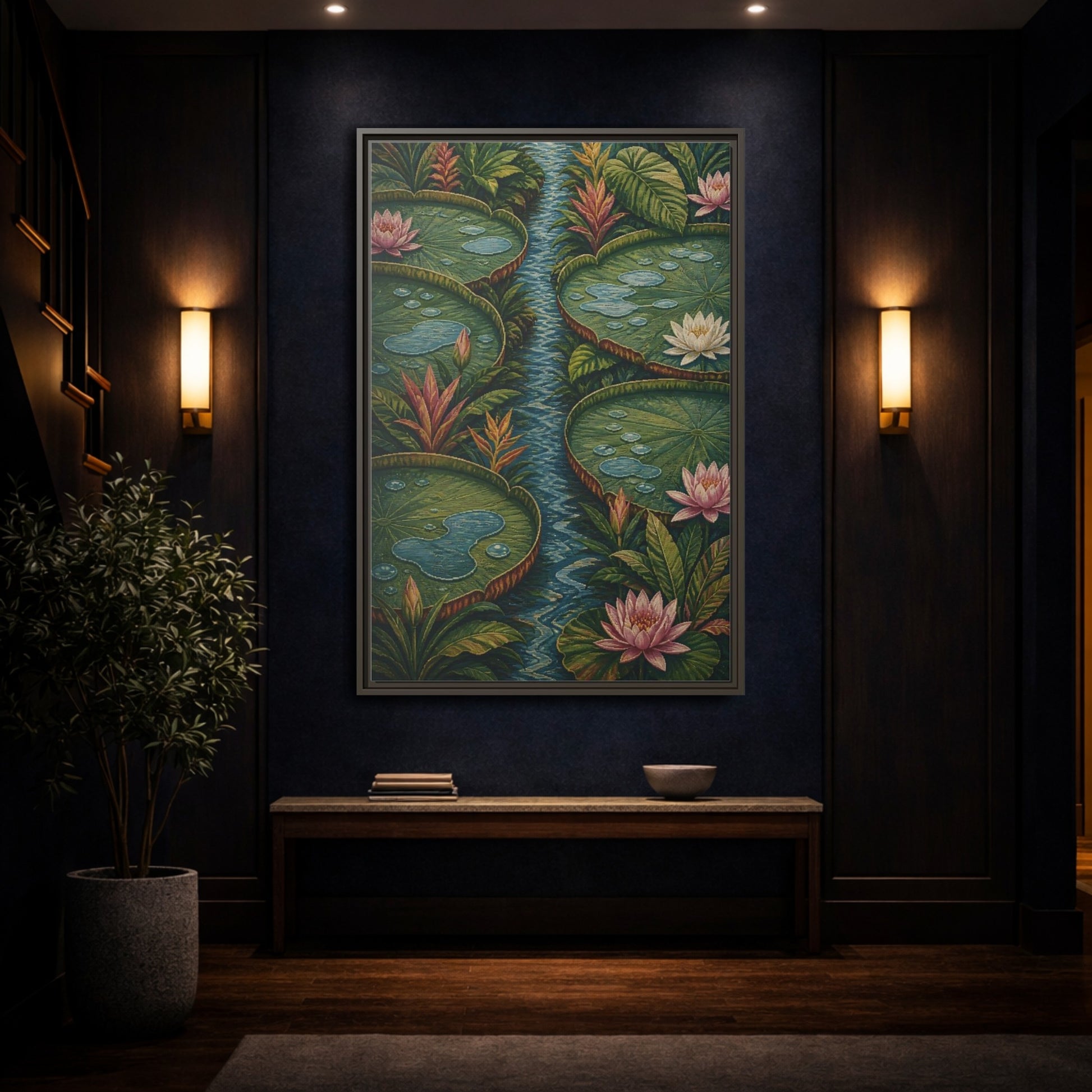 Mockup 4. Botanical Lily Pad Oasis shown as framed canvas print