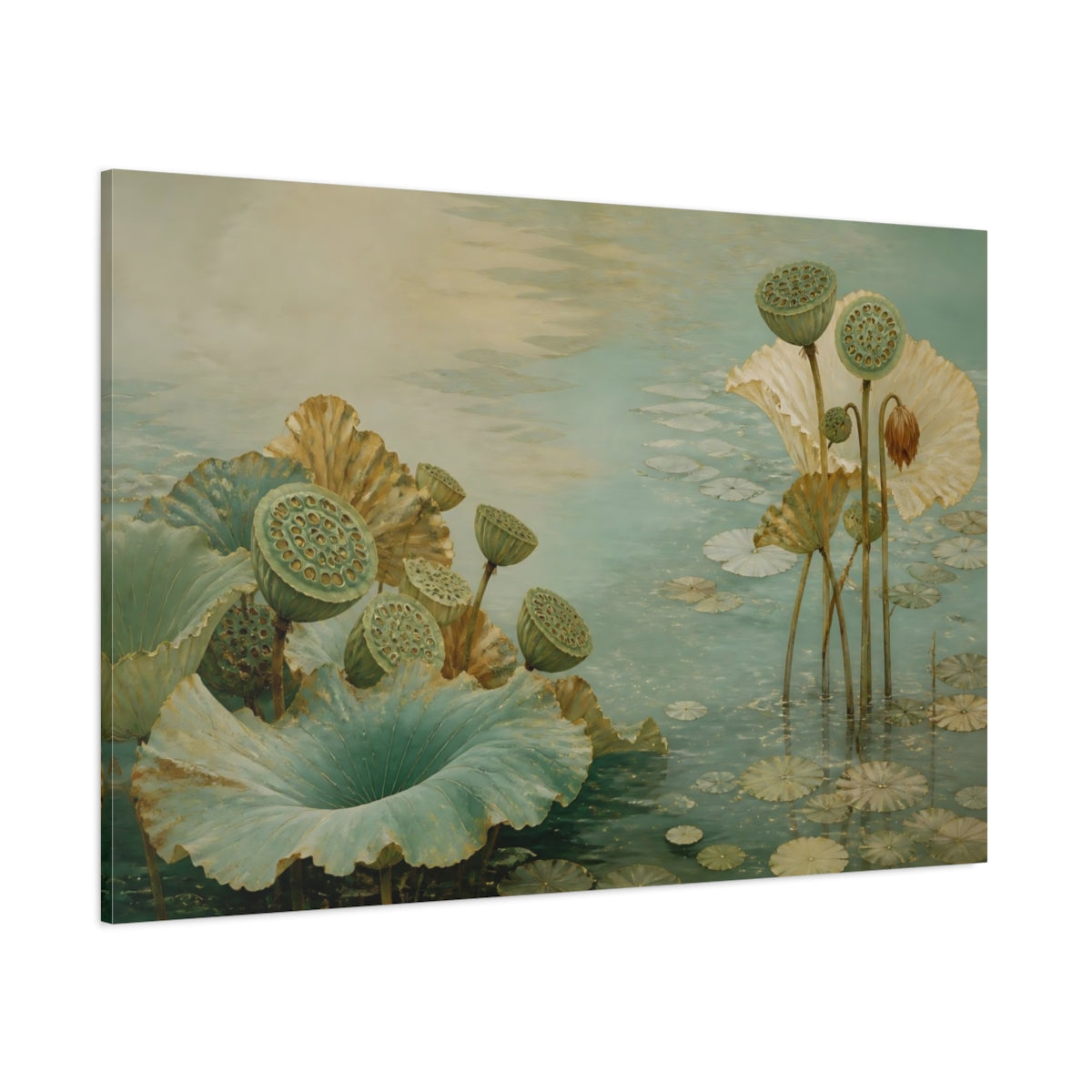Side Mockup 1. Botanical Lotus Seedpods shown as canvas print