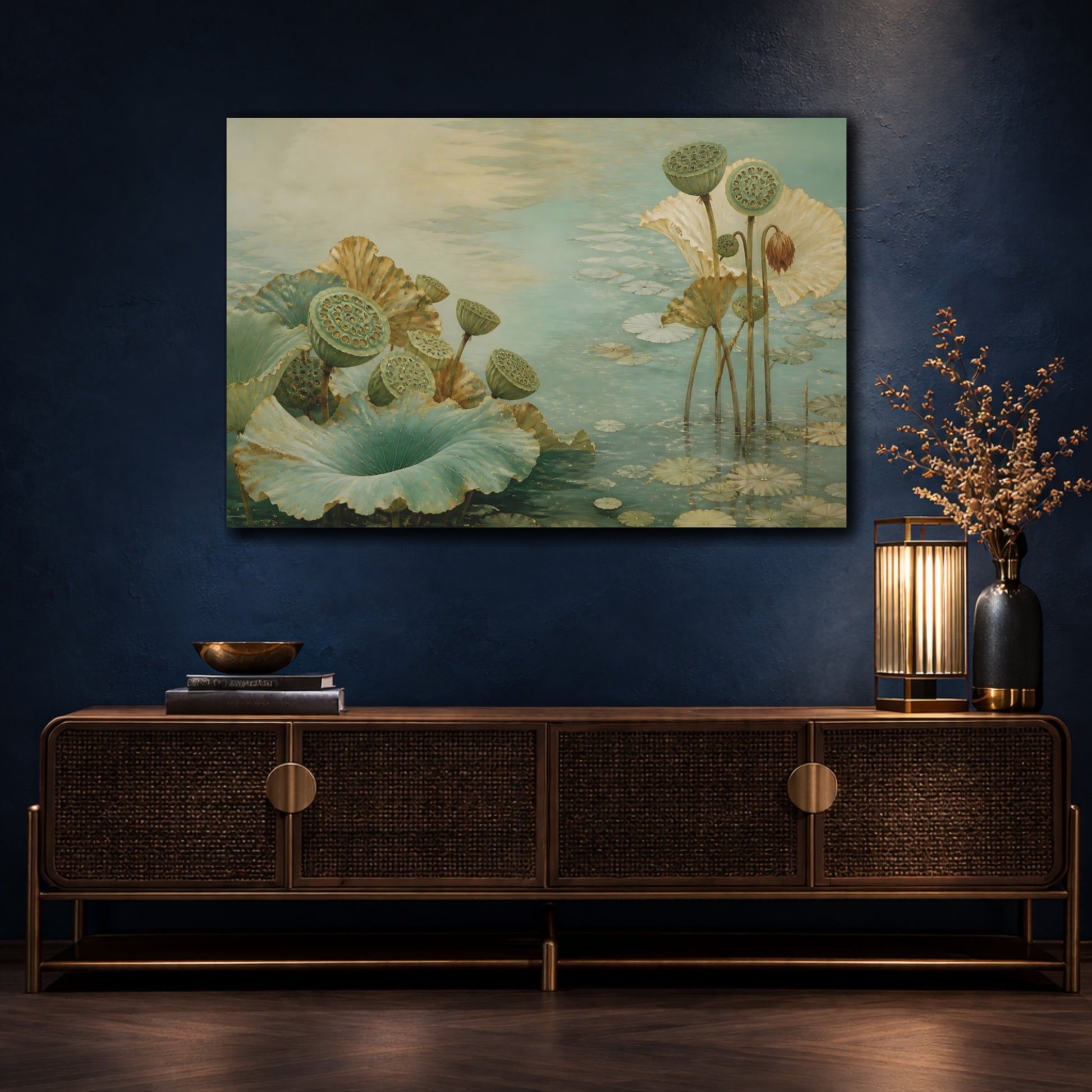 Mockup 4. Botanical Lotus Seedpods shown as canvas print