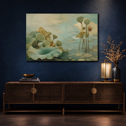 Mockup 4. Botanical Lotus Seedpods shown as canvas print
