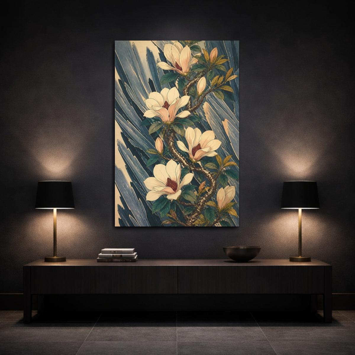 Mockup 3. Botanical Magnolia Branch shown as canvas print