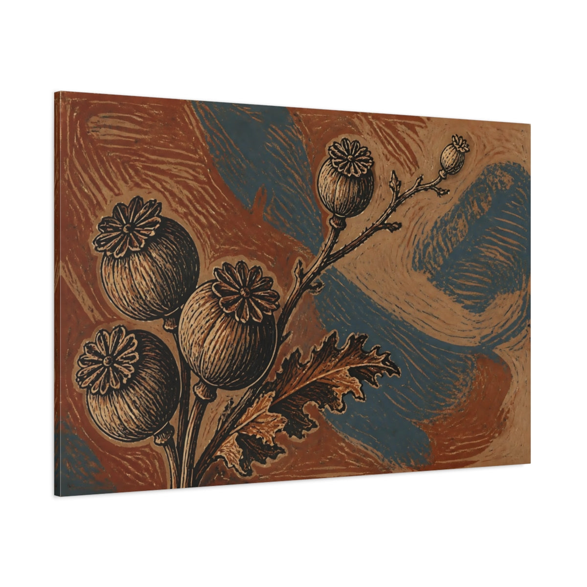 Side Mockup 1. Botanical Poppy Pods Study shown as canvas print