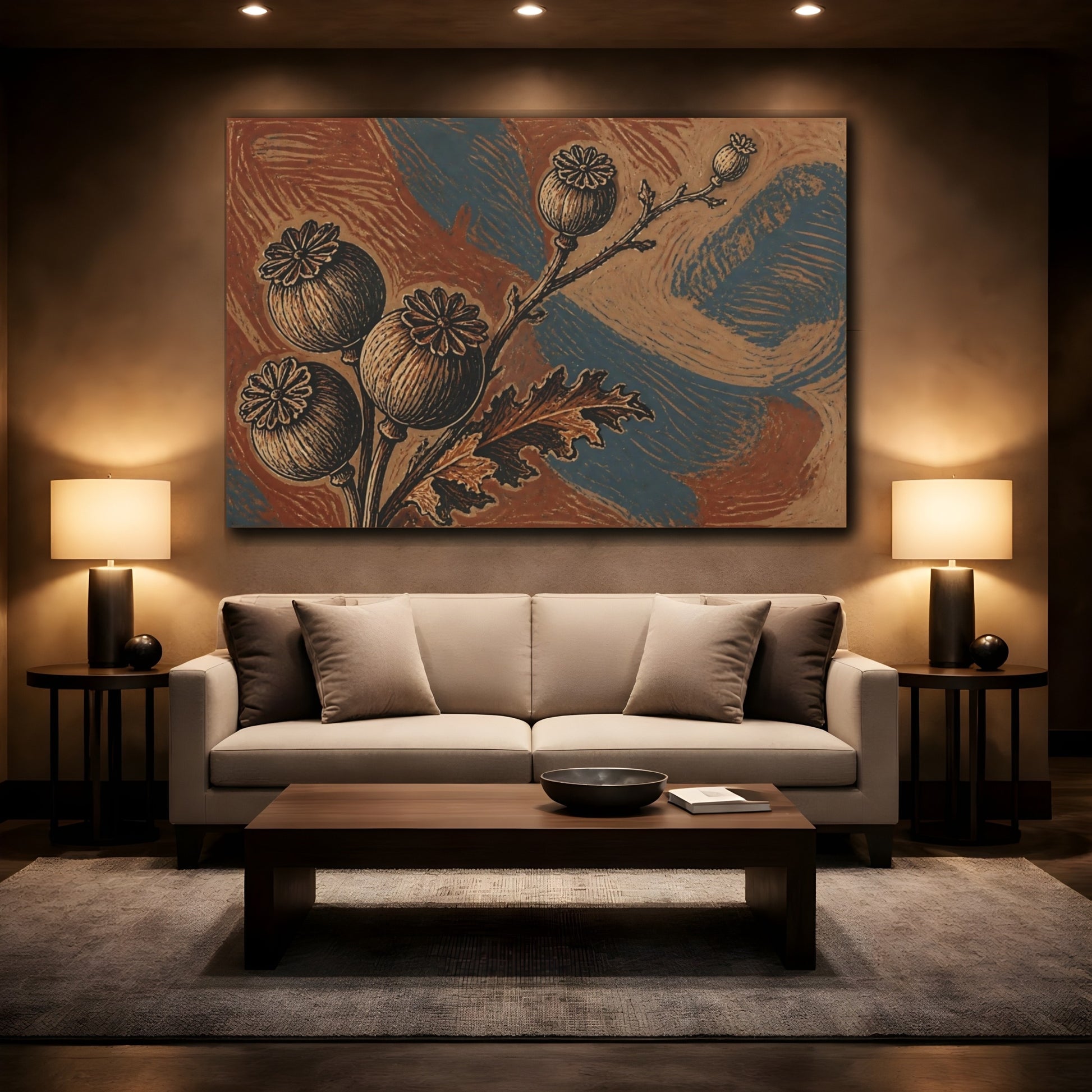 Mockup 2. Botanical Poppy Pods Study shown as canvas print