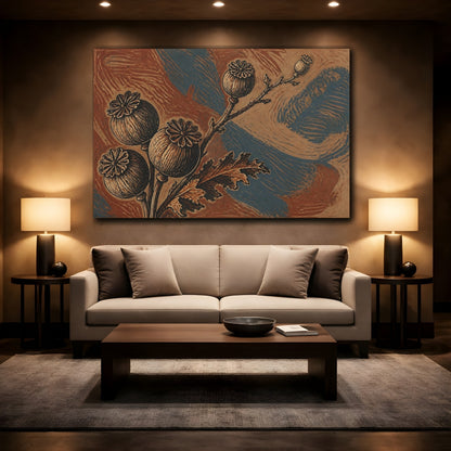 Mockup 2. Botanical Poppy Pods Study shown as canvas print