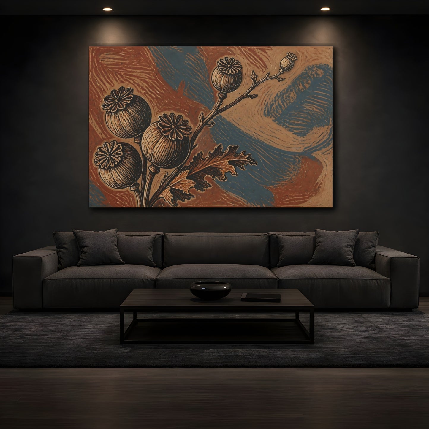 Mockup 3. Botanical Poppy Pods Study shown as canvas print