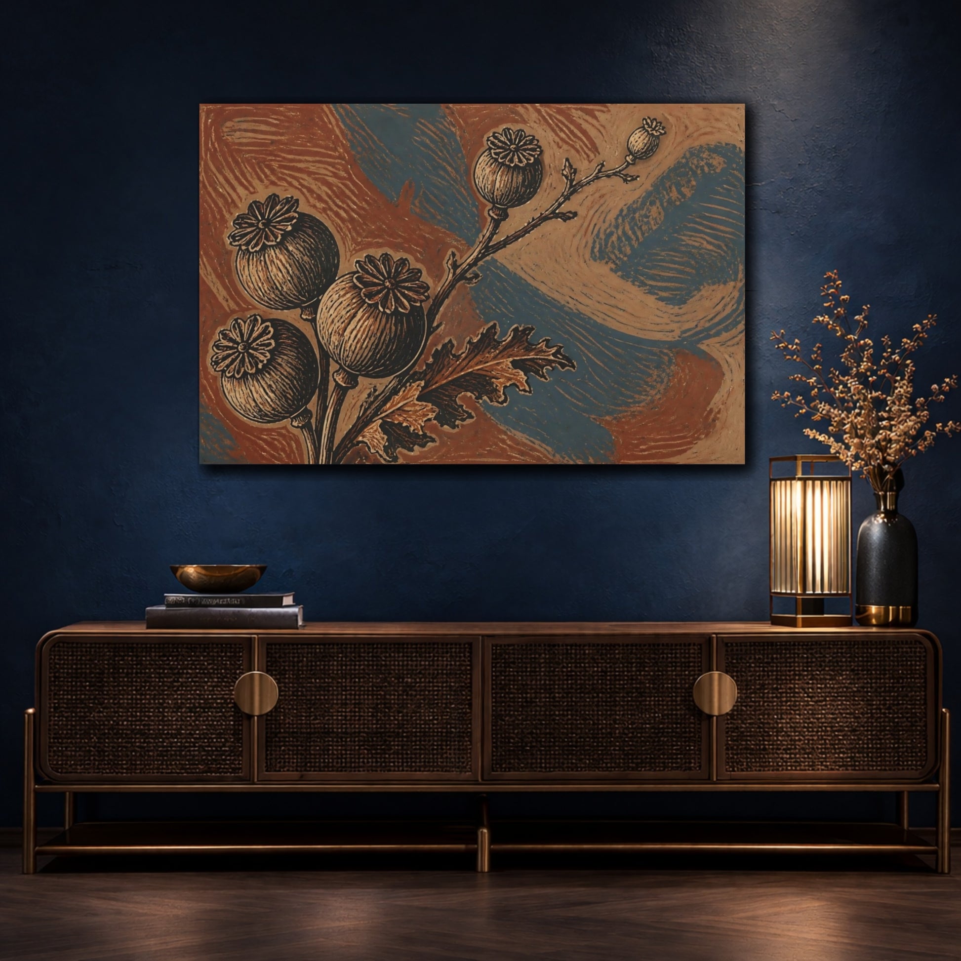 Mockup 4. Botanical Poppy Pods Study shown as canvas print