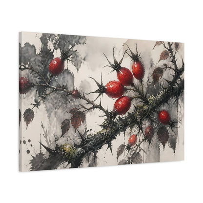 Main Mockup. Botanical Rose Hips shown as canvas print