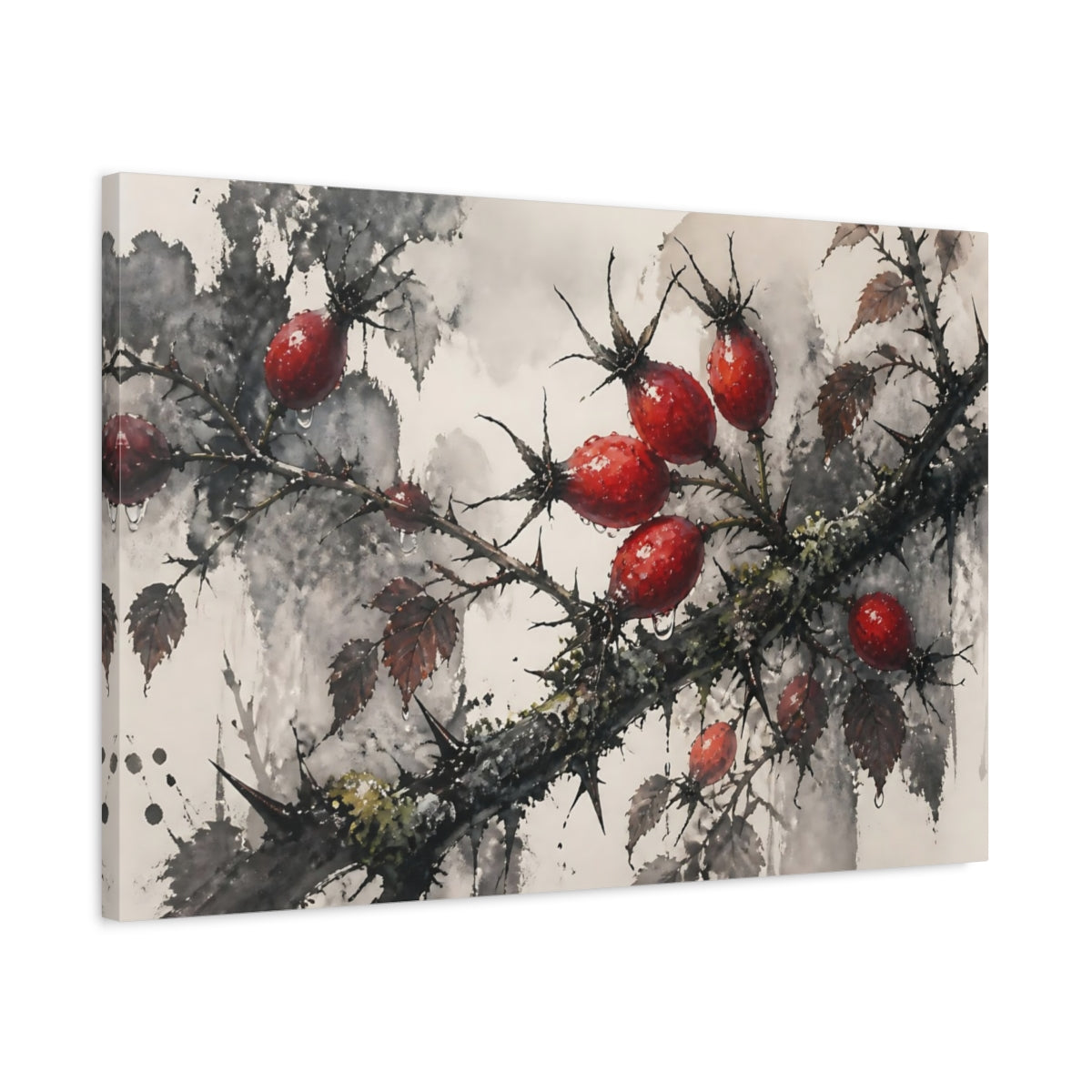 Side Mockup 2. Botanical Rose Hips shown as canvas print