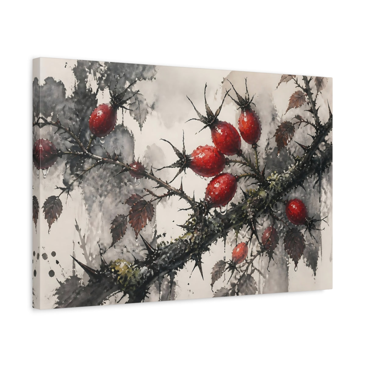 Side Mockup 3. Botanical Rose Hips shown as canvas print