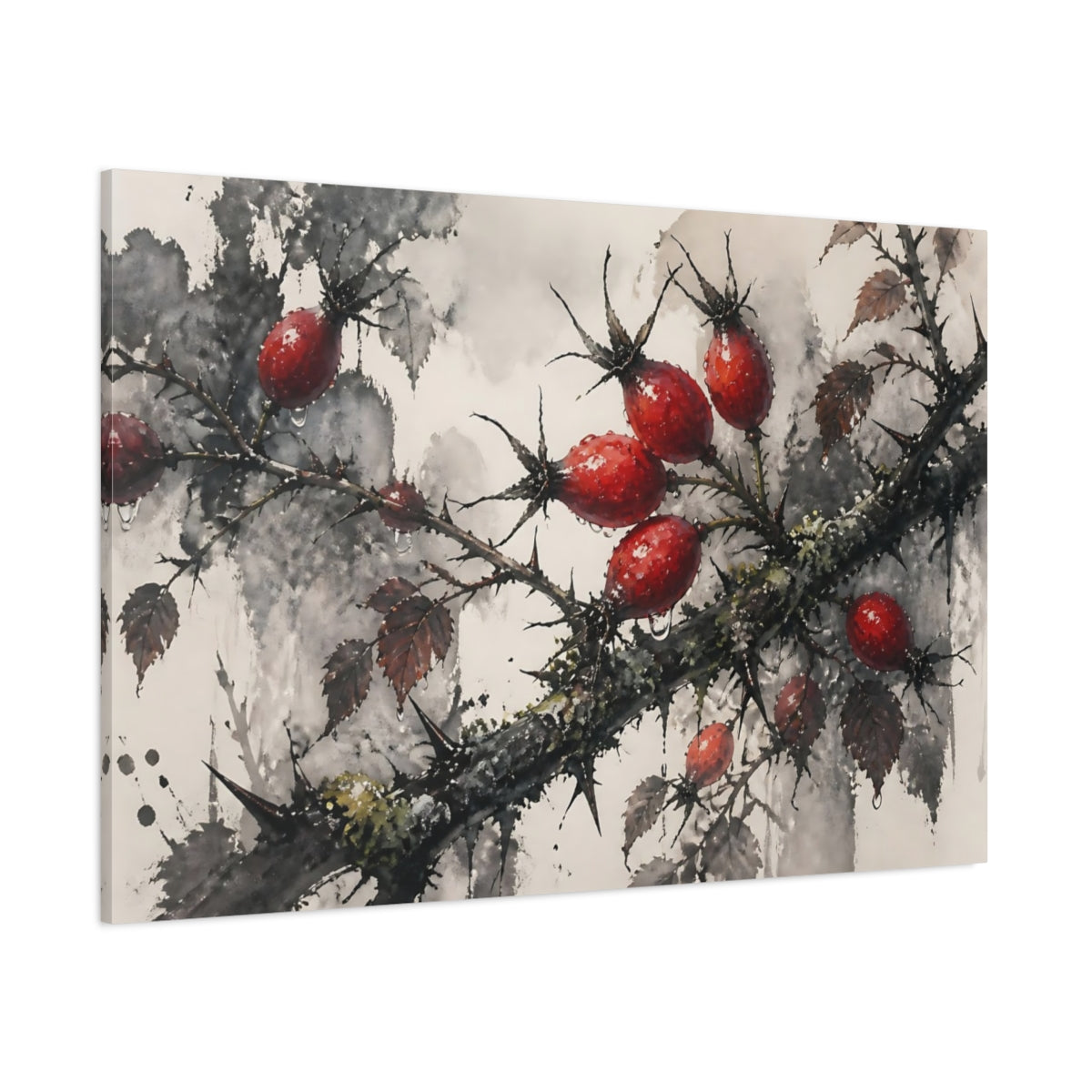 Side Mockup 1. Botanical Rose Hips shown as canvas print
