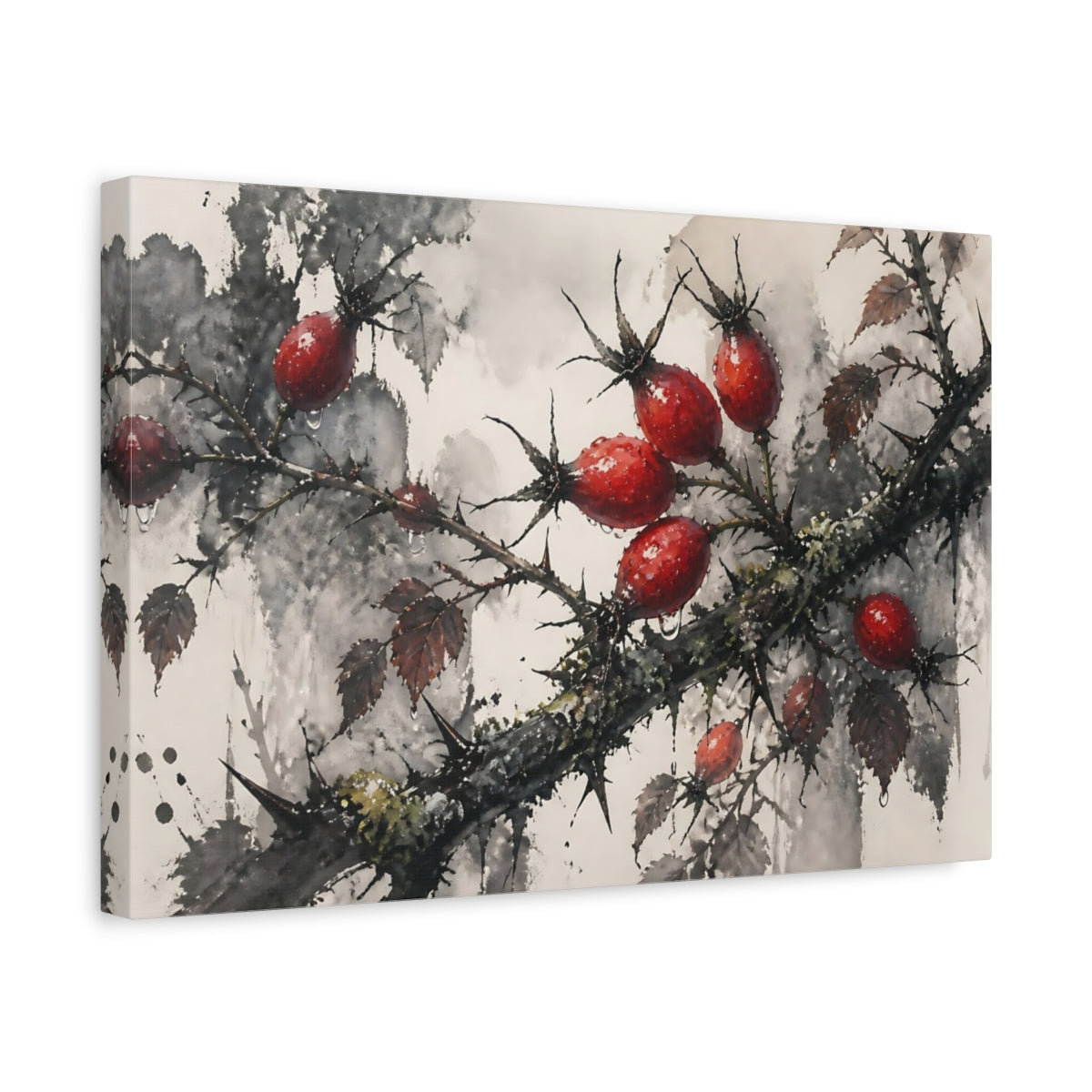 Side Mockup 4. Botanical Rose Hips shown as canvas print