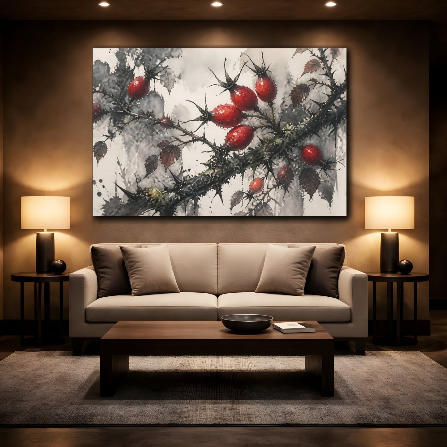 Mockup 2. Botanical Rose Hips shown as canvas print