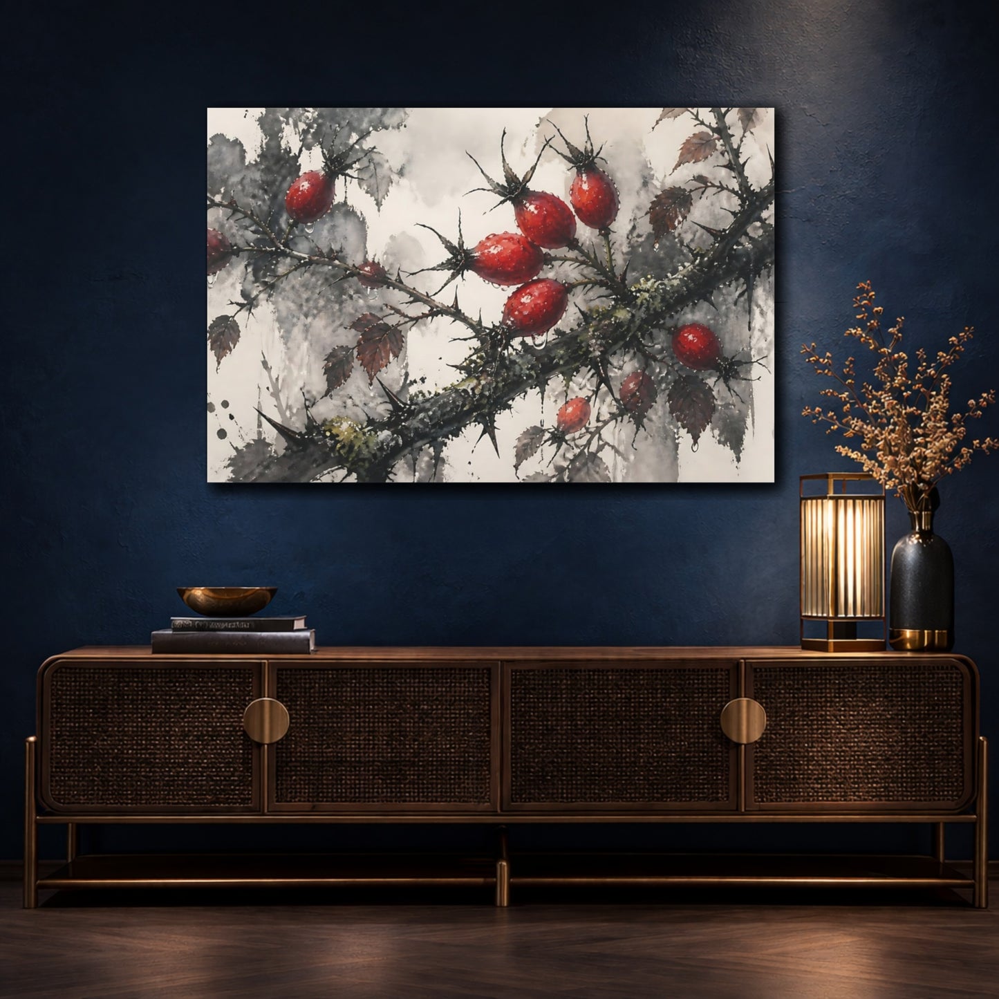 Mockup 4. Botanical Rose Hips shown as canvas print