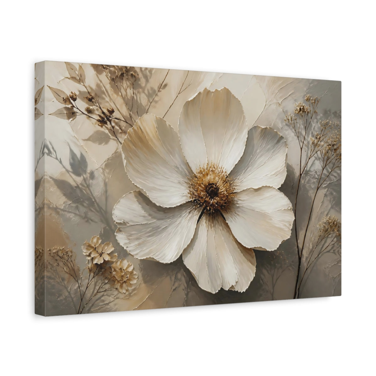 Side Mockup 4. Botanical White Blossom shown as canvas print