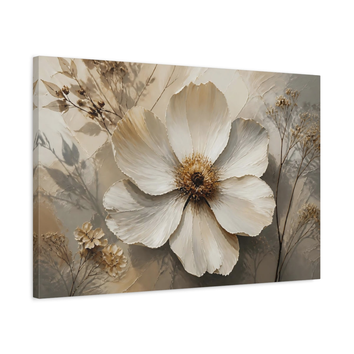 Side Mockup 2. Botanical White Blossom shown as canvas print