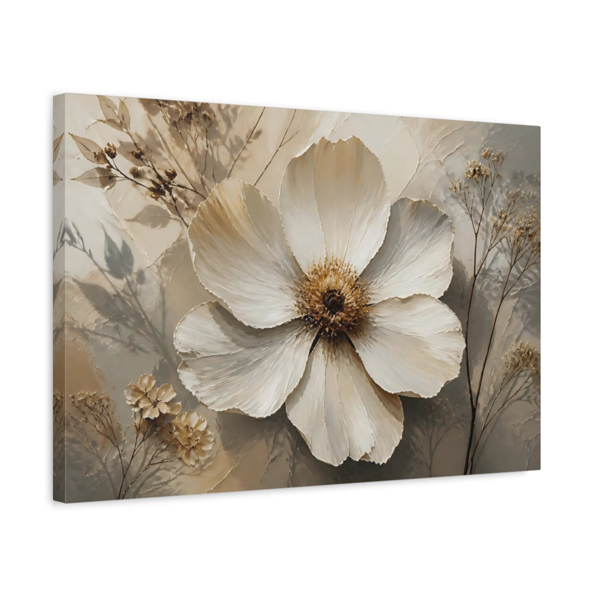 Side Mockup 3. Botanical White Blossom shown as canvas print