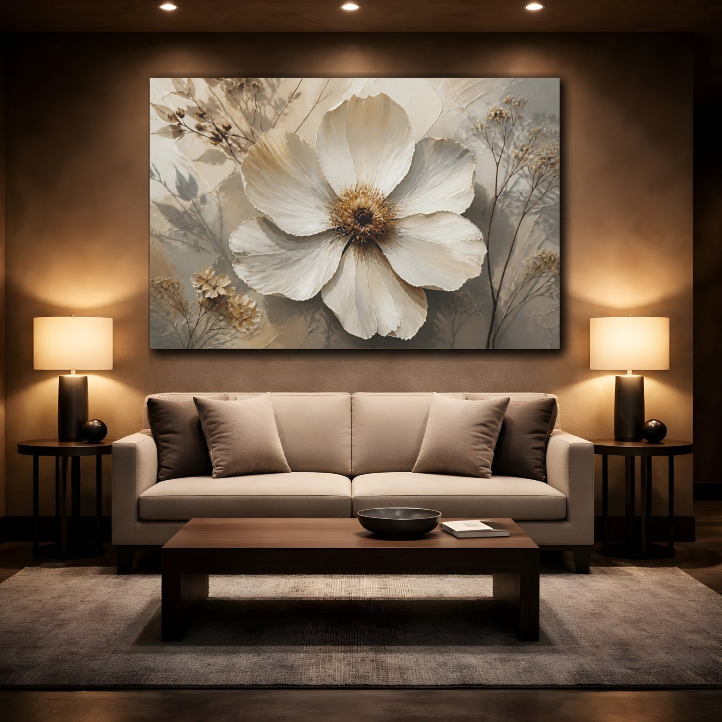 Mockup 2. Botanical White Blossom shown as canvas print