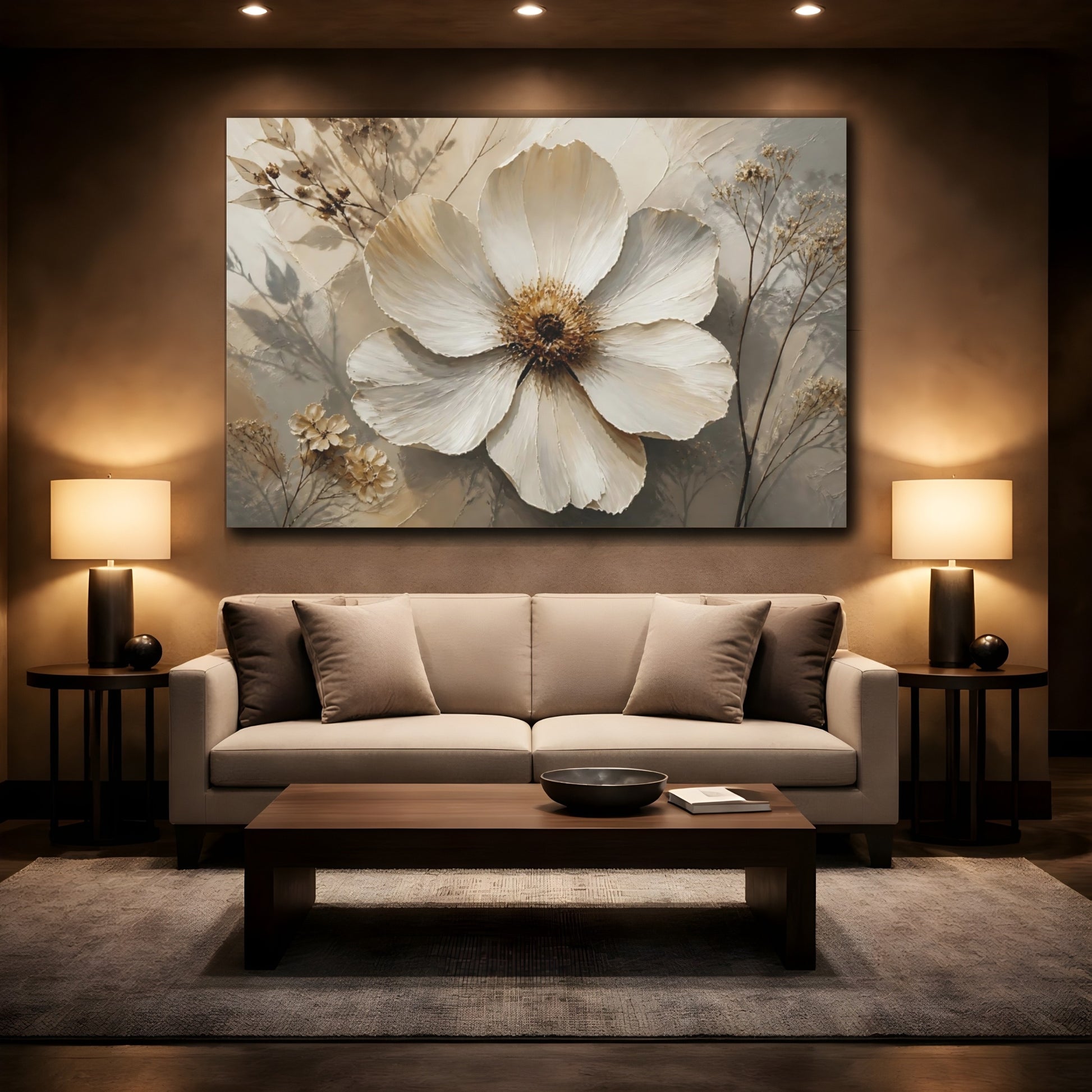 Mockup 2. Botanical White Blossom shown as canvas print