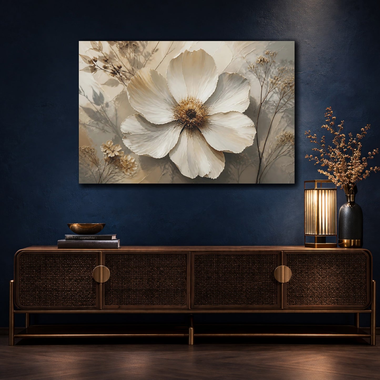 Mockup 4. Botanical White Blossom shown as canvas print
