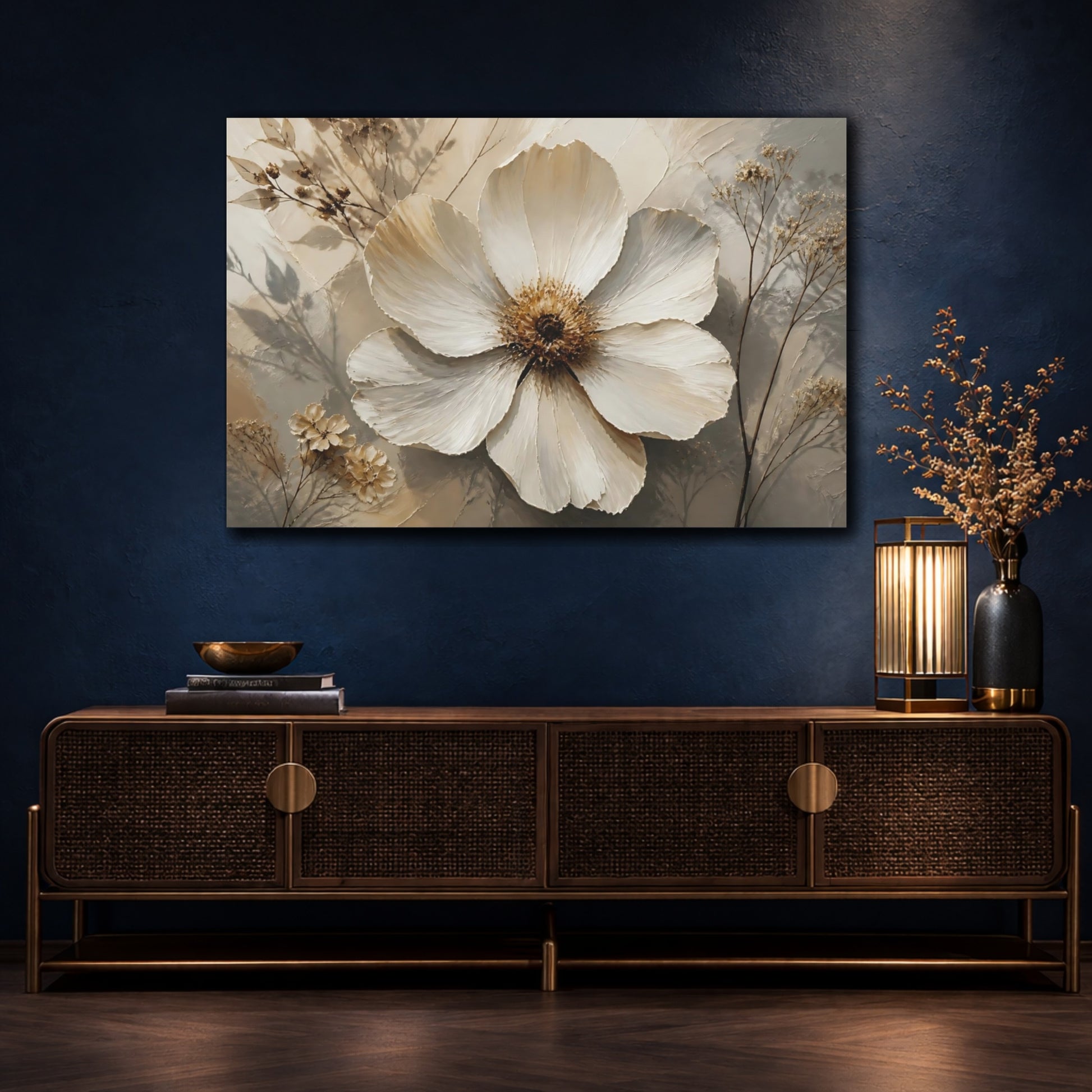 Mockup 4. Botanical White Blossom shown as canvas print