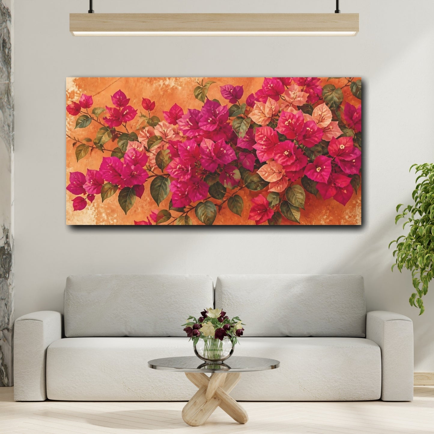 Mockup 2. Bougainvillea On Orange Stucco shown as canvas print