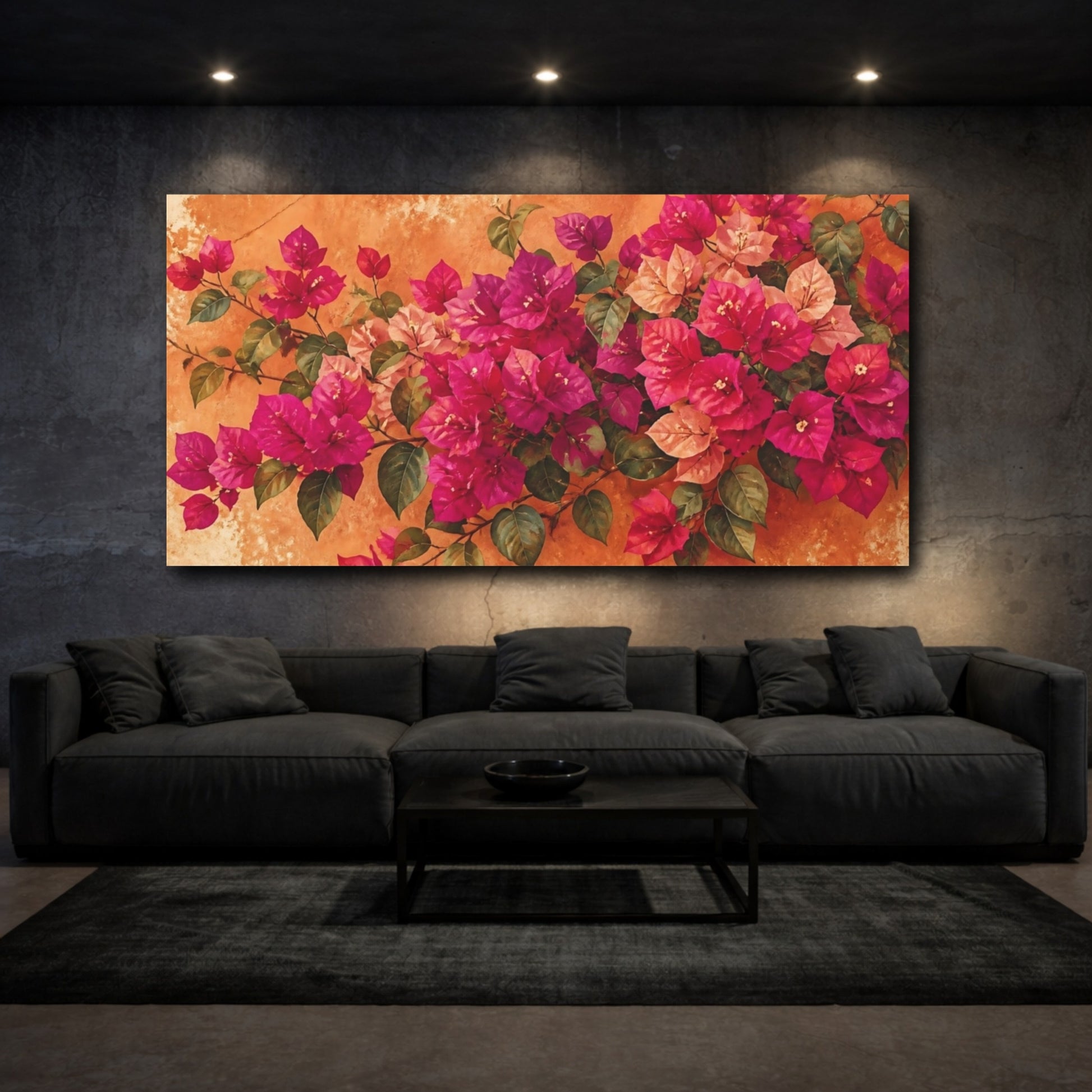 Mockup 3. Bougainvillea On Orange Stucco shown as canvas print