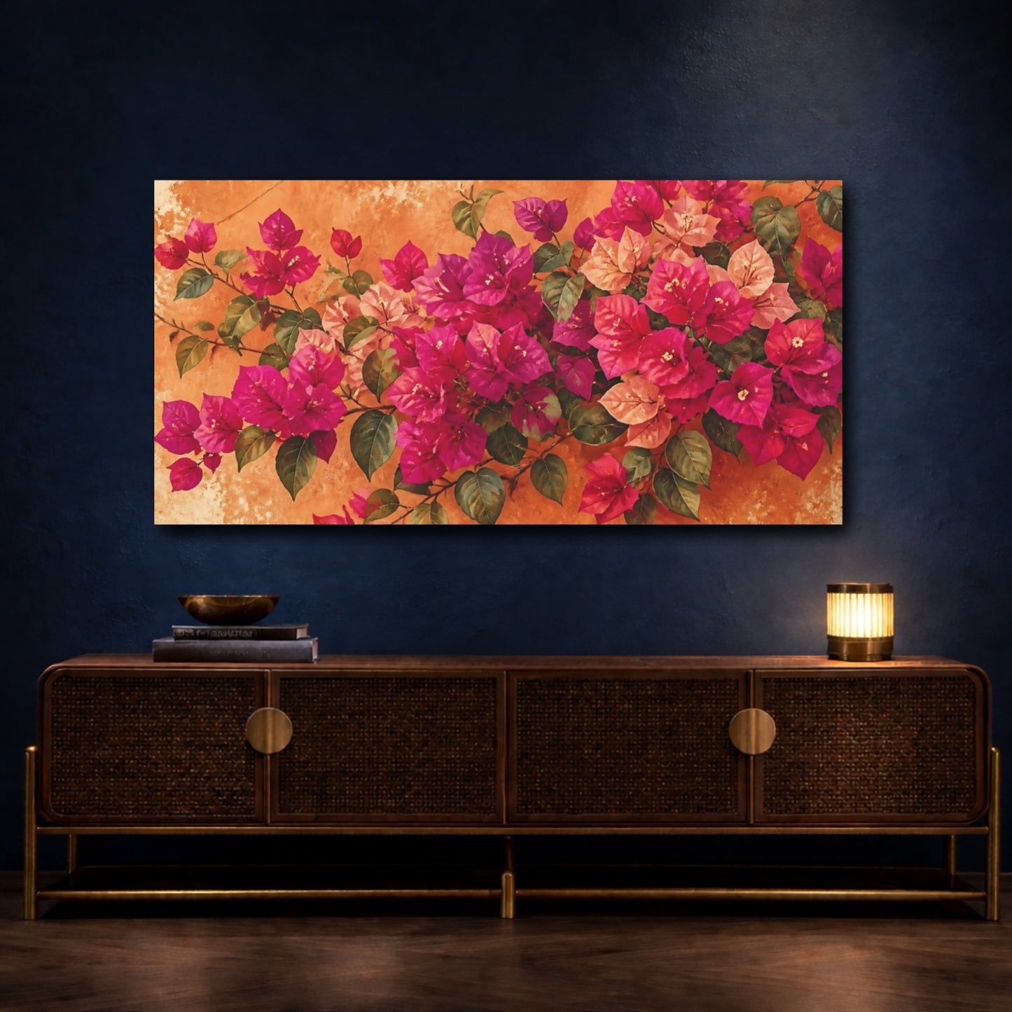 Mockup 4. Bougainvillea On Orange Stucco shown as canvas print